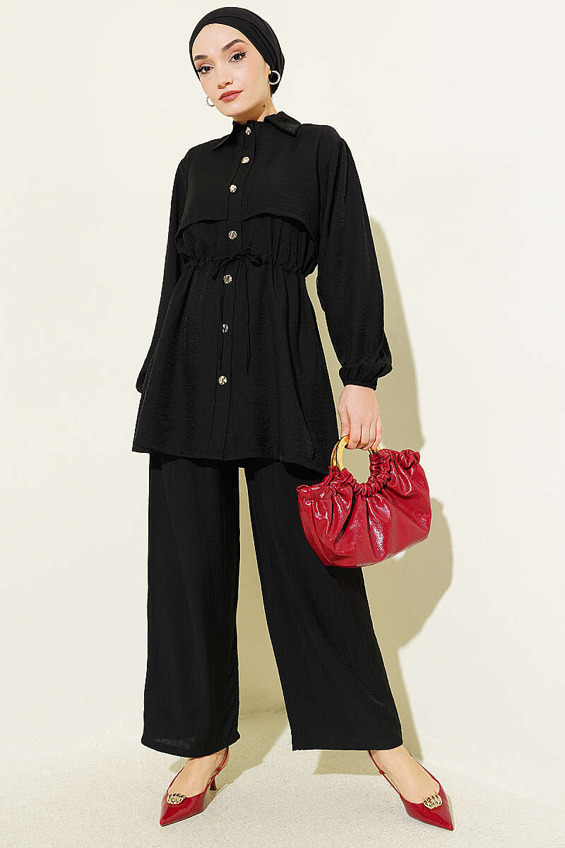 Shirt-Collar Two-Piece Set with Drawstring Waist - Black