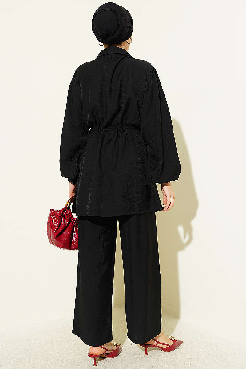 Shirt-Collar Two-Piece Set with Drawstring Waist - Black
