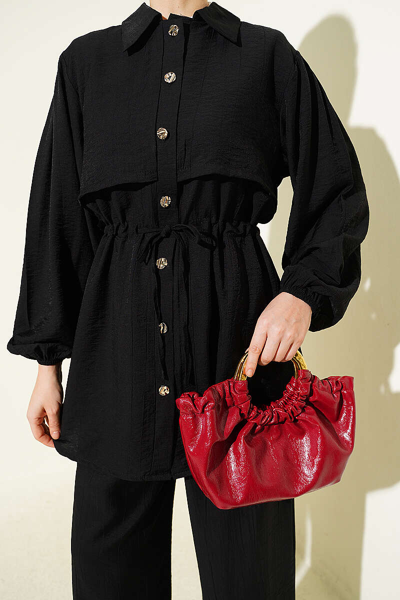 Shirt-Collar Two-Piece Set with Drawstring Waist - Black