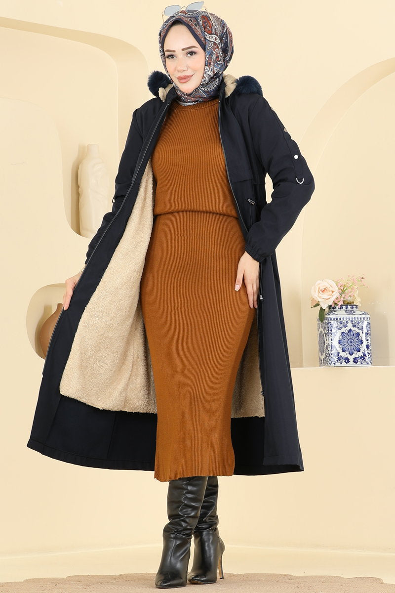 Fur-Lined Coat with Drawstring Waist - Navy