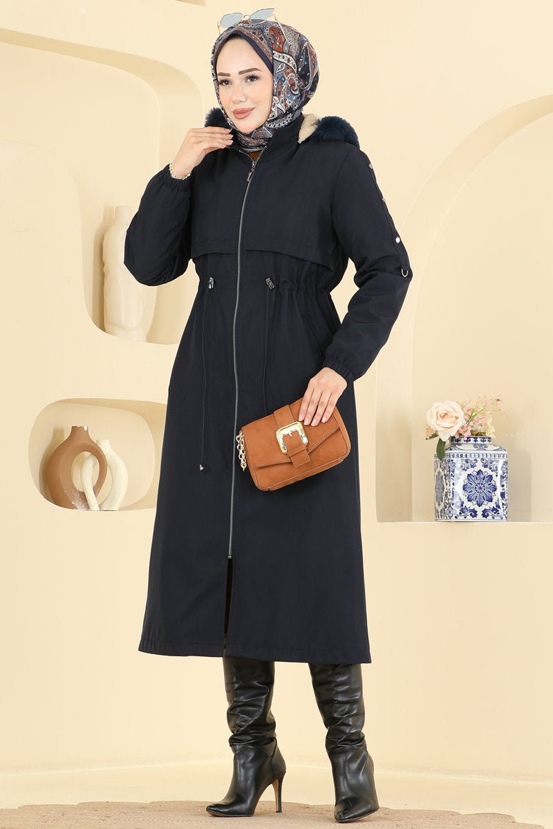 Fur-Lined Coat with Drawstring Waist - Navy