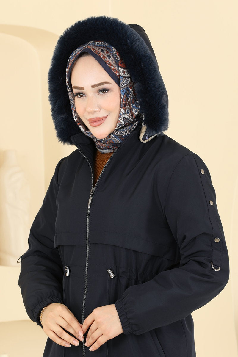 Fur-Lined Coat with Drawstring Waist - Navy