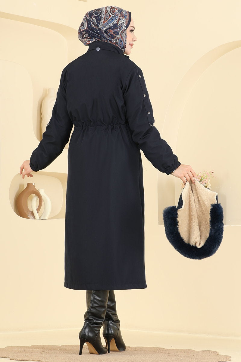 Fur-Lined Coat with Drawstring Waist - Navy