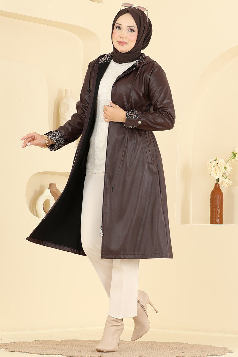 Hooded Faux Leather Trench Coat with Drawstring Waist - Brown