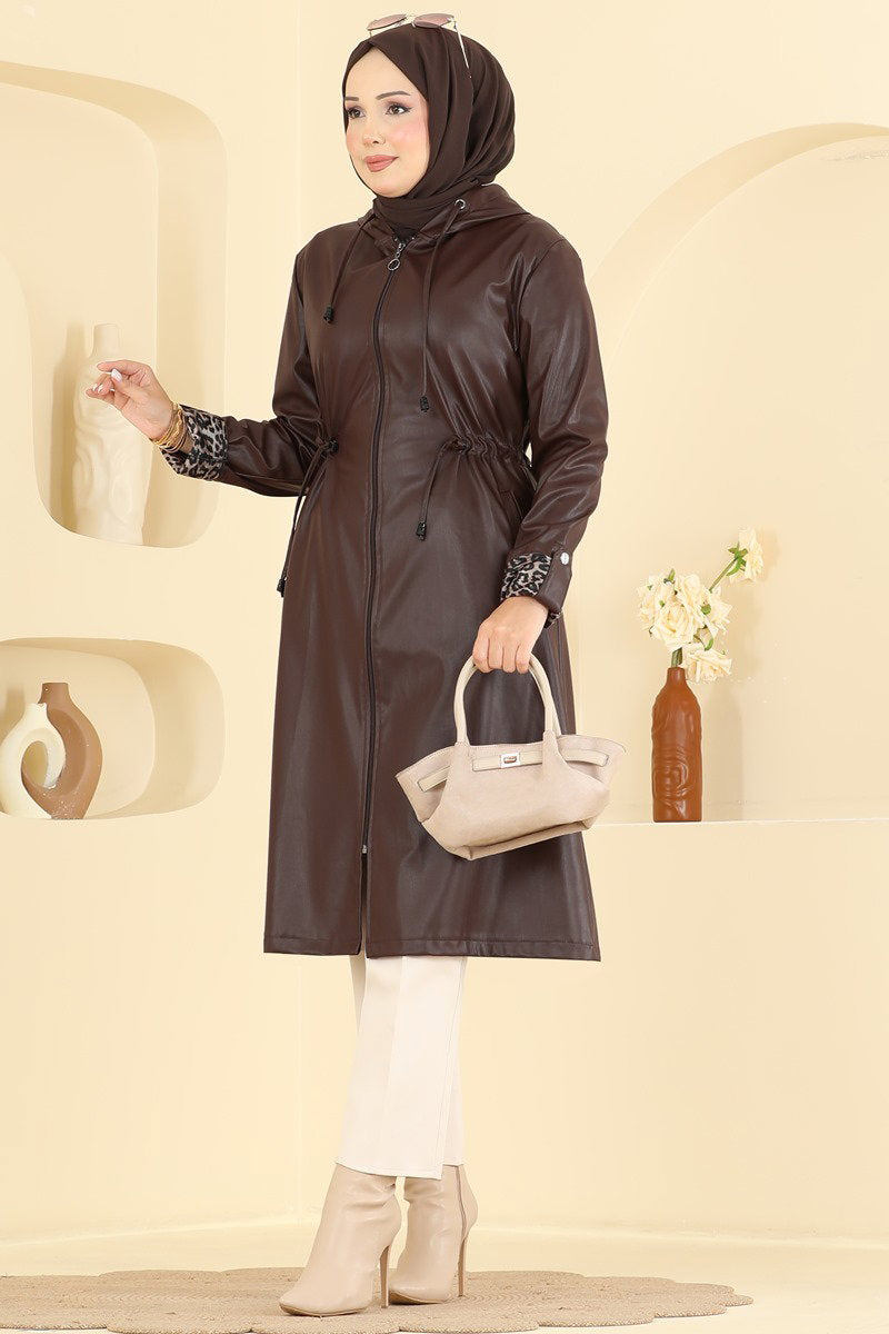 Hooded Faux Leather Trench Coat with Drawstring Waist - Brown