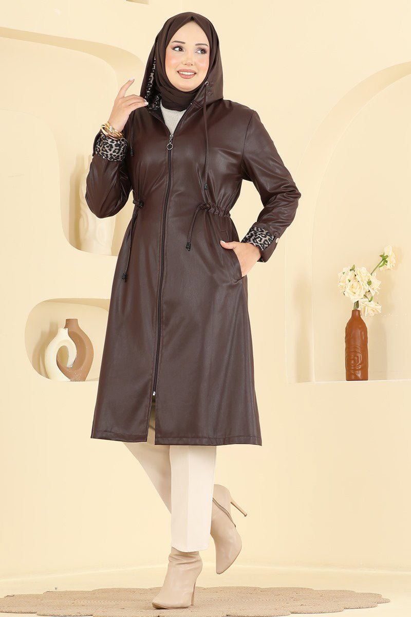 Hooded Faux Leather Trench Coat with Drawstring Waist - Brown