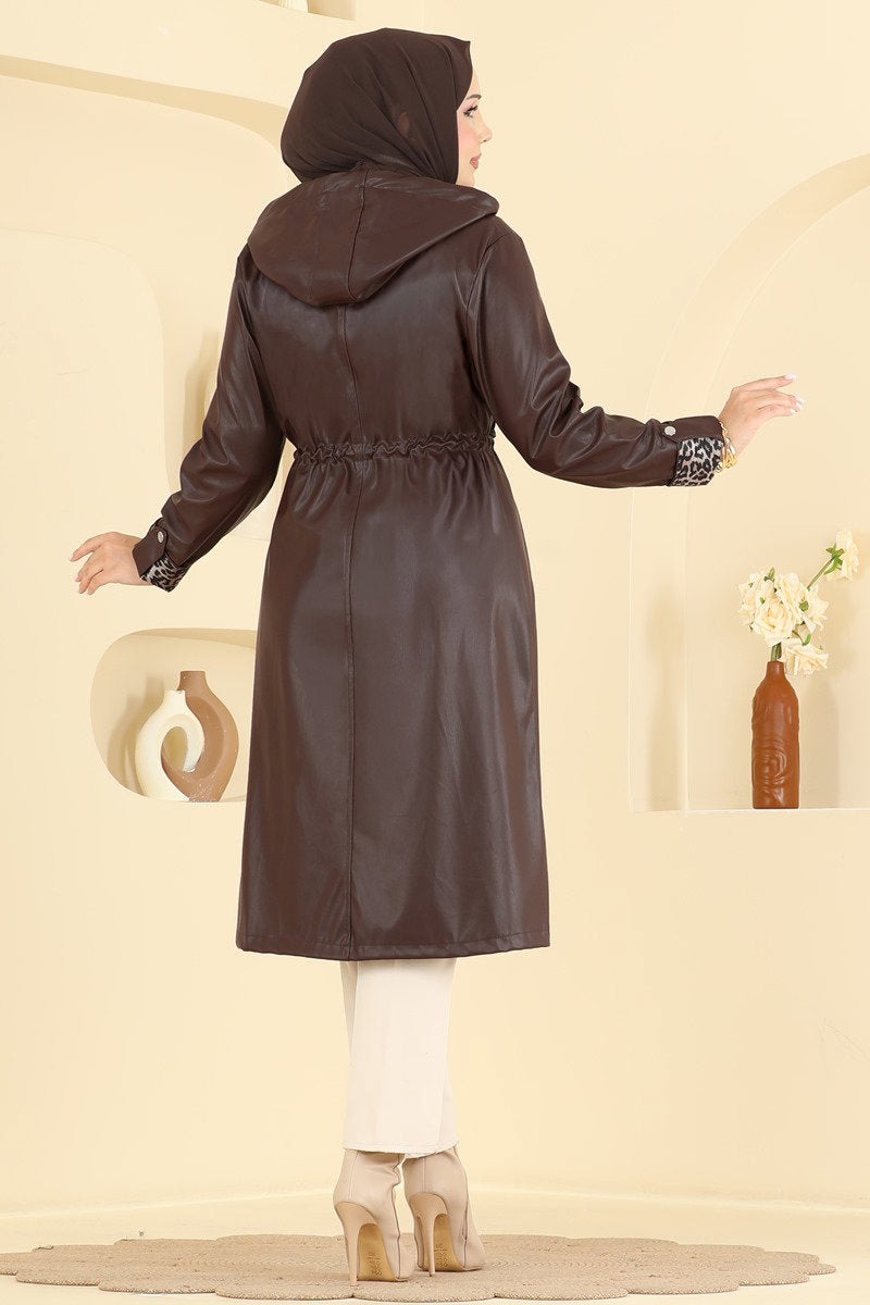Hooded Faux Leather Trench Coat with Drawstring Waist - Brown