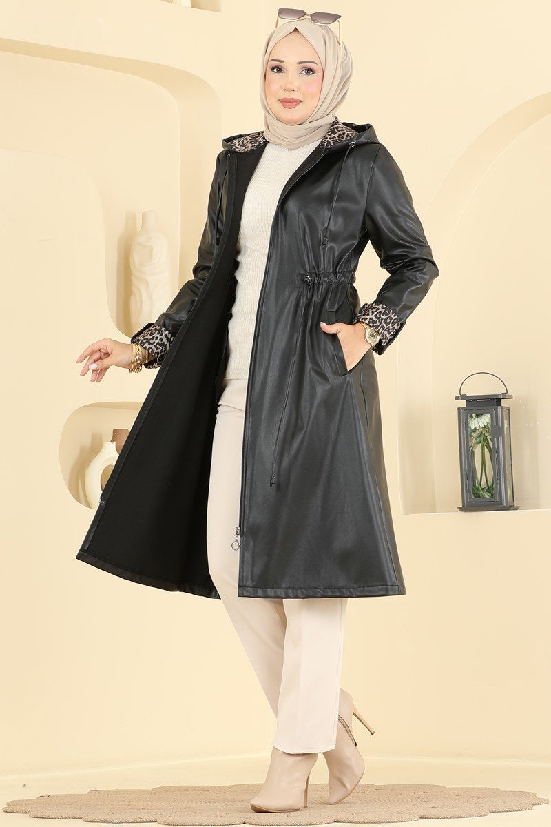 Hooded Faux Leather Trench Coat with Drawstring Waist - Black
