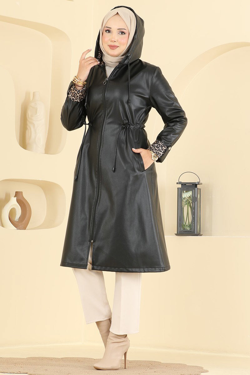 Hooded Faux Leather Trench Coat with Drawstring Waist - Black