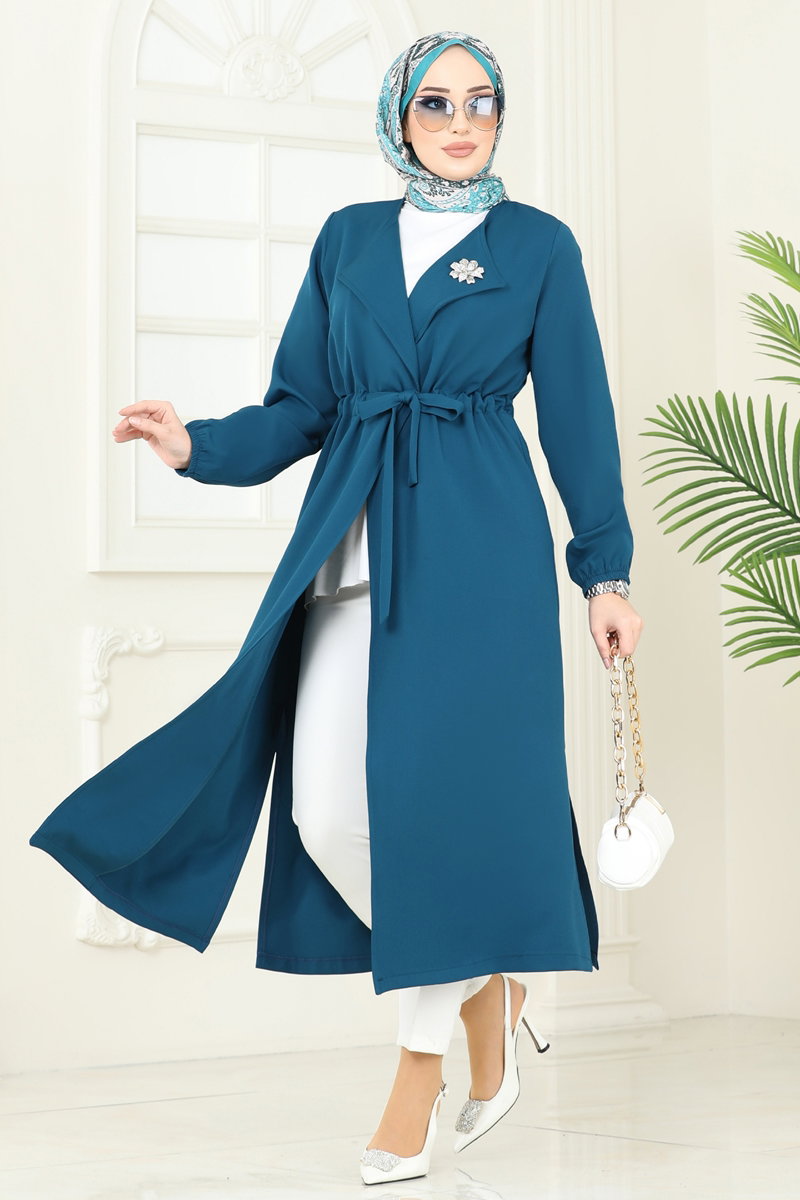 Transitional Double Knit Cape Coat with Drawstring Waist - Teal