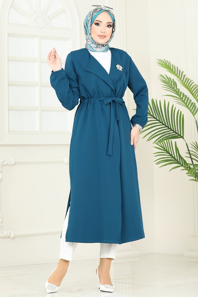 Transitional Double Knit Cape Coat with Drawstring Waist - Teal
