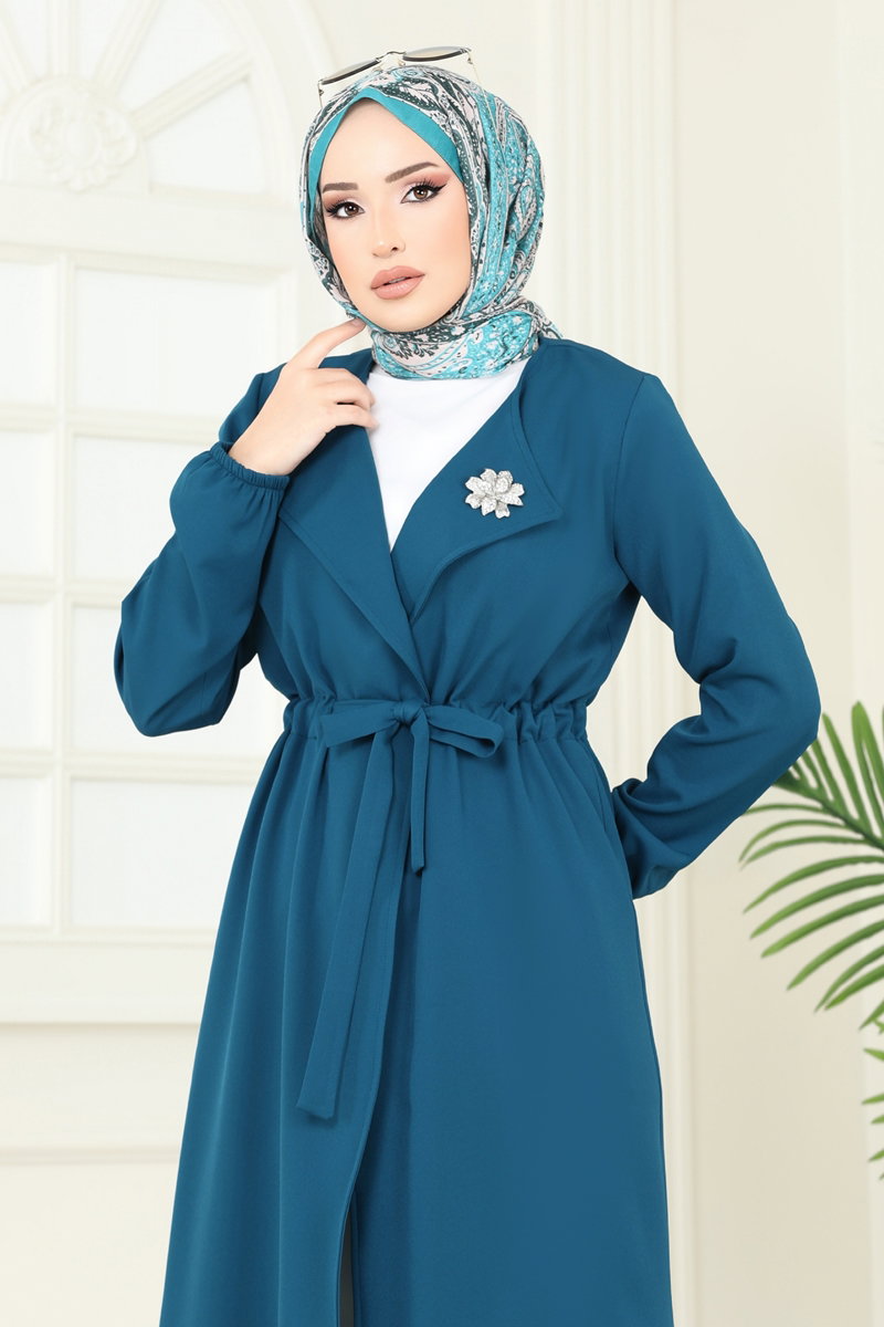 Transitional Double Knit Cape Coat with Drawstring Waist - Teal