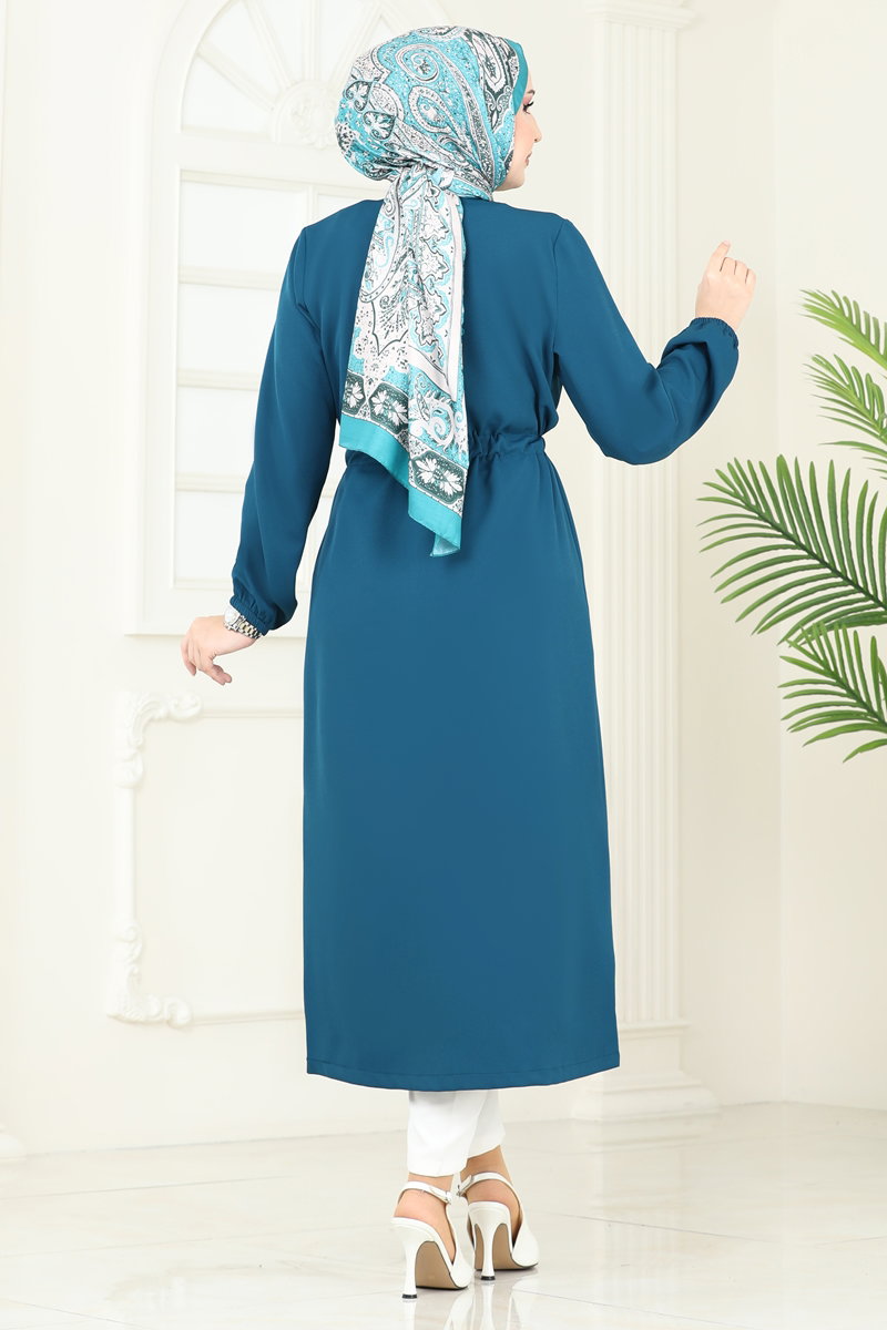 Transitional Double Knit Cape Coat with Drawstring Waist - Teal