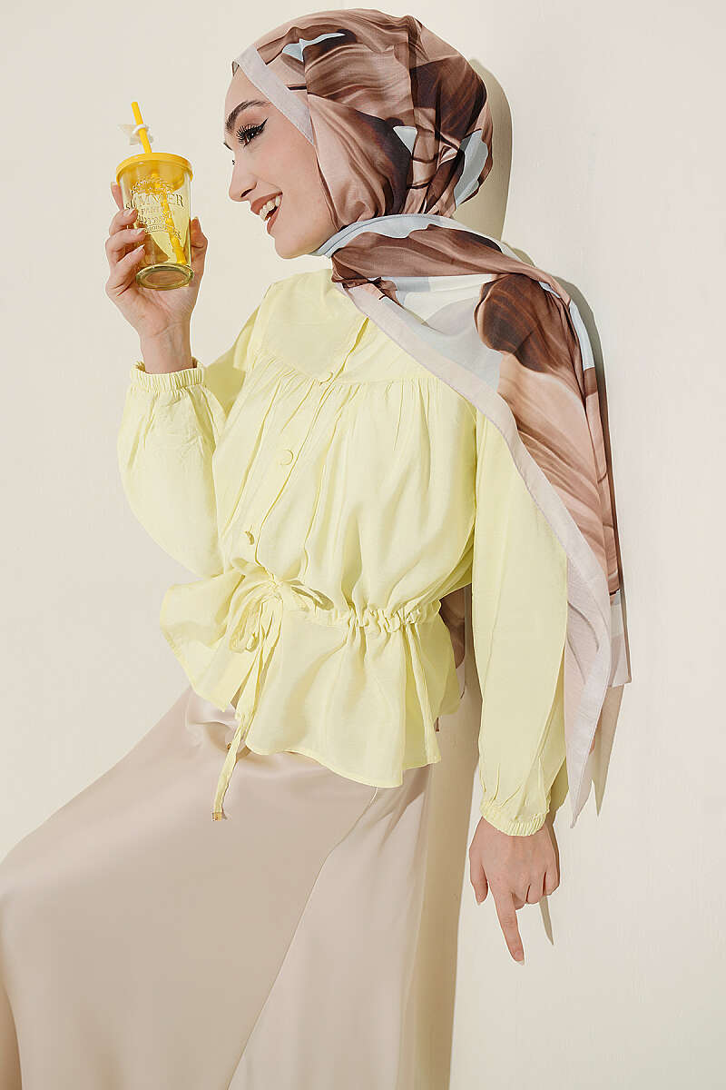 Short Loose Shirt with Drawstring Waist - Yellow