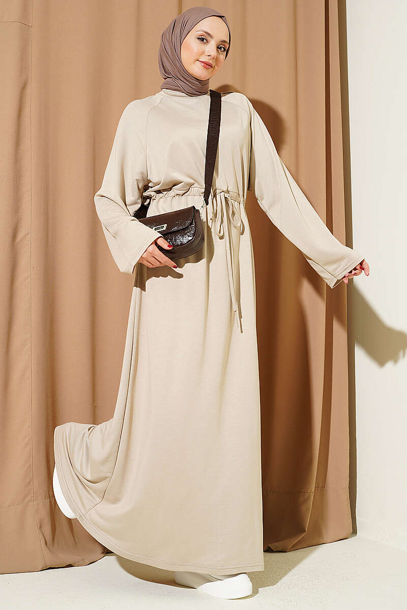 Loose Jersey Dress with Drawstring Waist - Beige