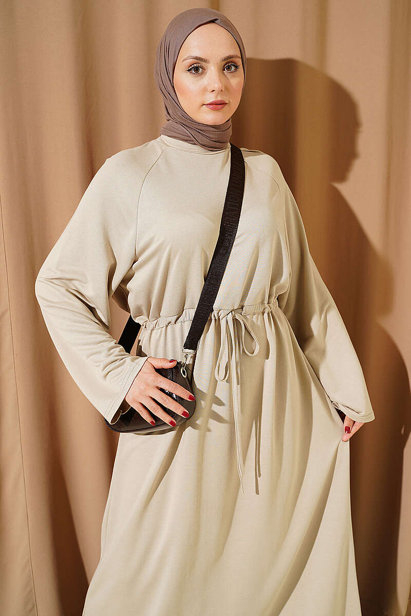 Loose Jersey Dress with Drawstring Waist - Beige