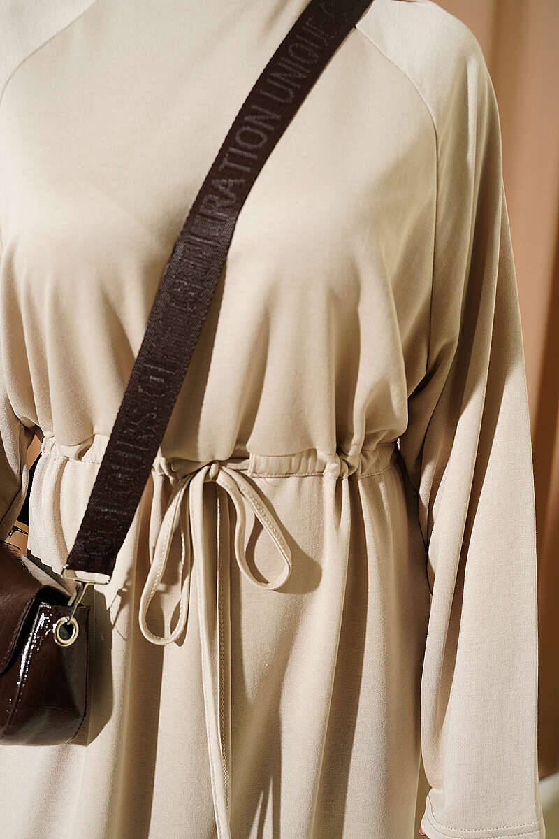 Loose Jersey Dress with Drawstring Waist - Beige