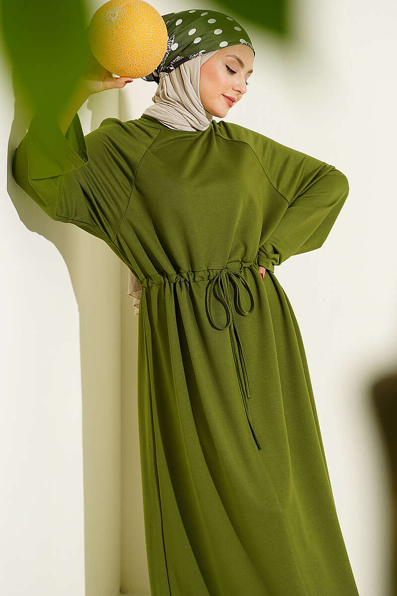 Loose Jersey Dress with Drawstring Waist - Khaki