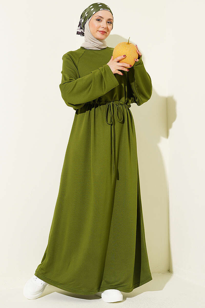 Loose Jersey Dress with Drawstring Waist - Khaki