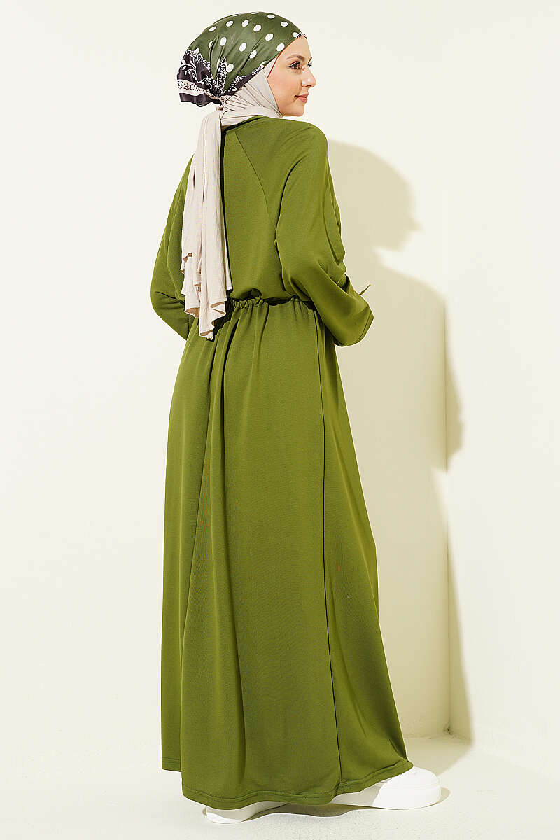 Loose Jersey Dress with Drawstring Waist - Khaki