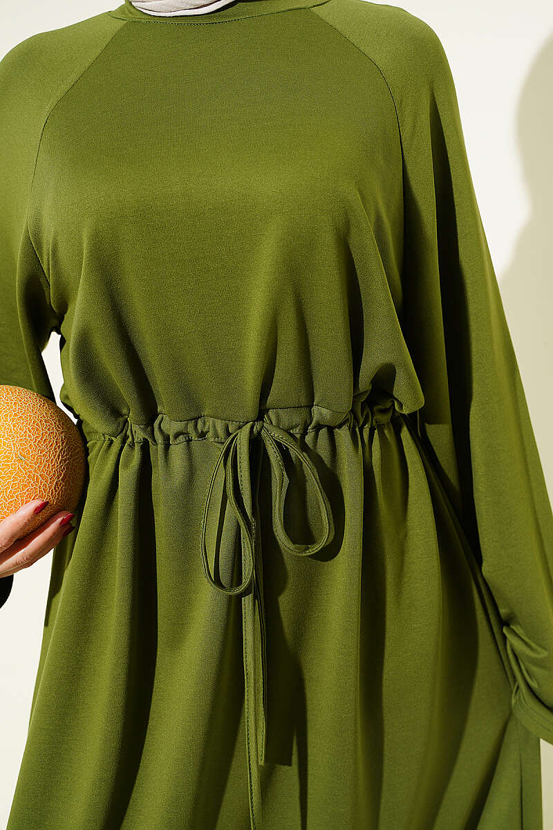 Loose Jersey Dress with Drawstring Waist - Khaki