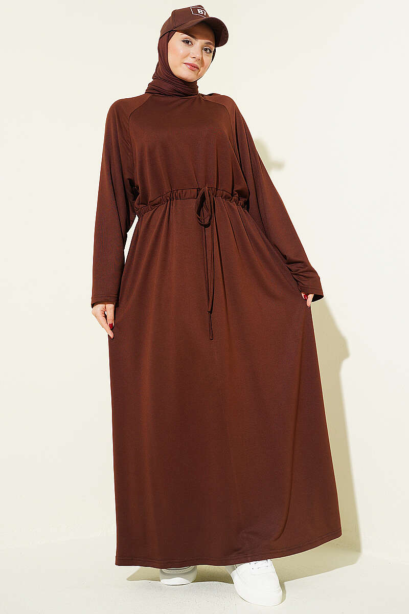Loose Jersey Dress with Drawstring Waist - Brown