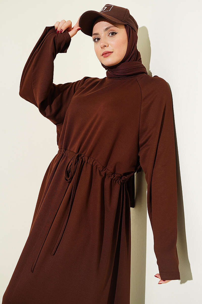 Loose Jersey Dress with Drawstring Waist - Brown