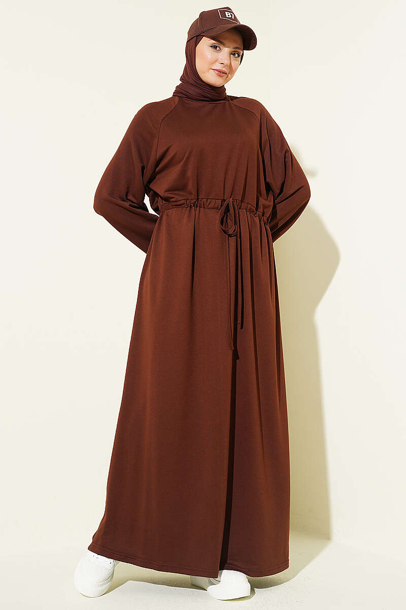 Loose Jersey Dress with Drawstring Waist - Brown