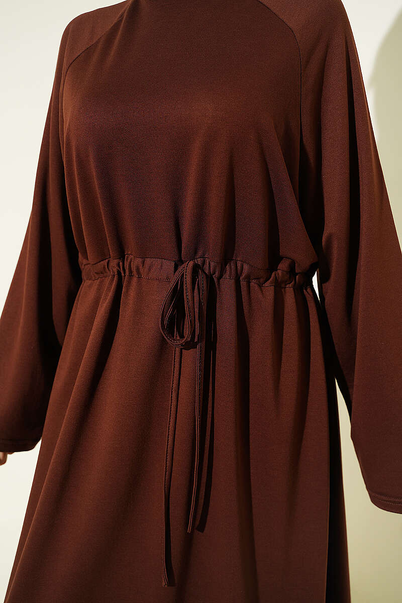 Loose Jersey Dress with Drawstring Waist - Brown