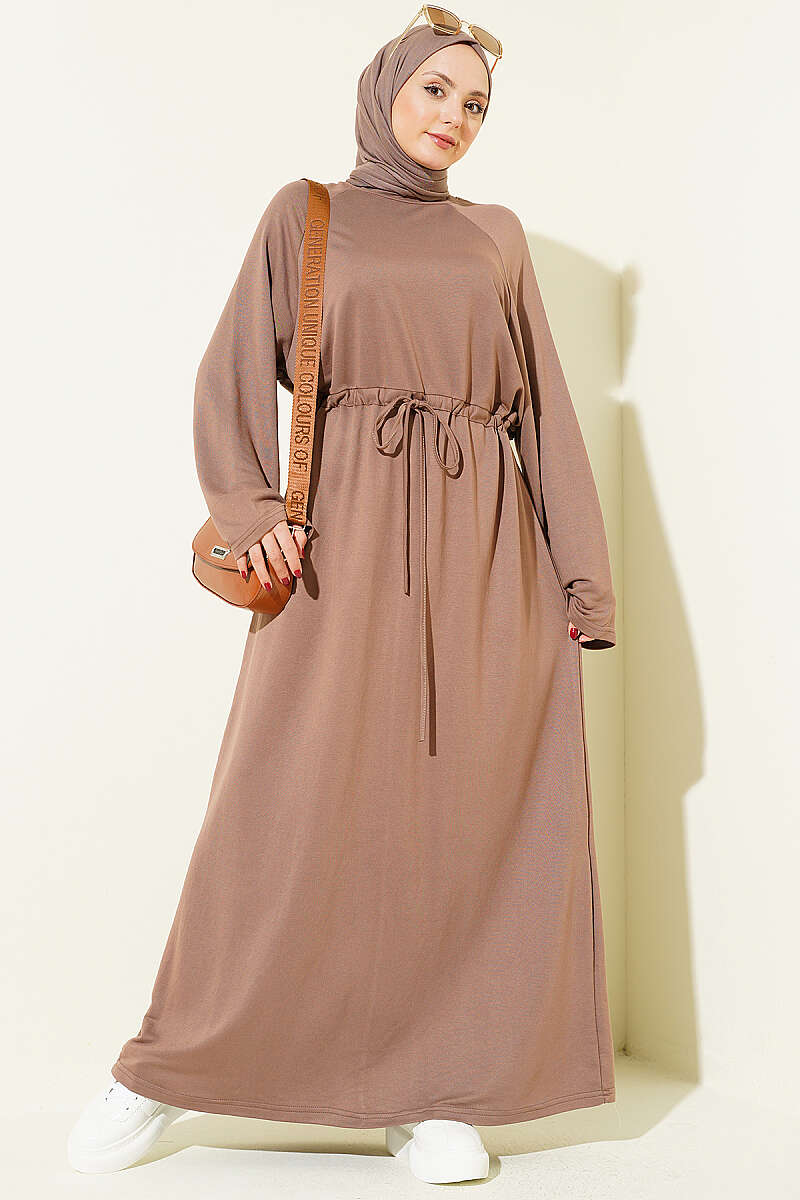 Loose Jersey Dress with Drawstring Waist - Chestnut
