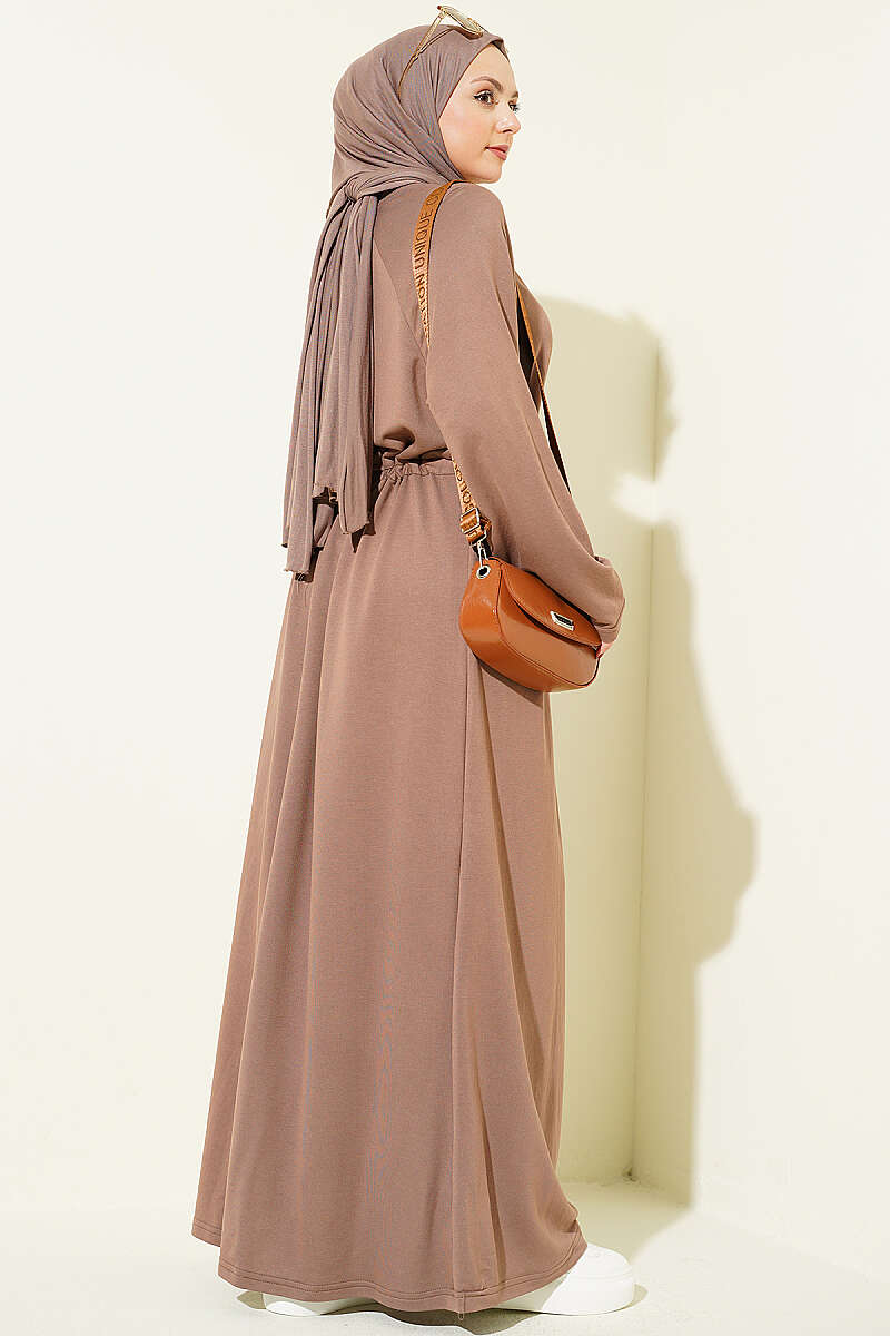 Loose Jersey Dress with Drawstring Waist - Chestnut