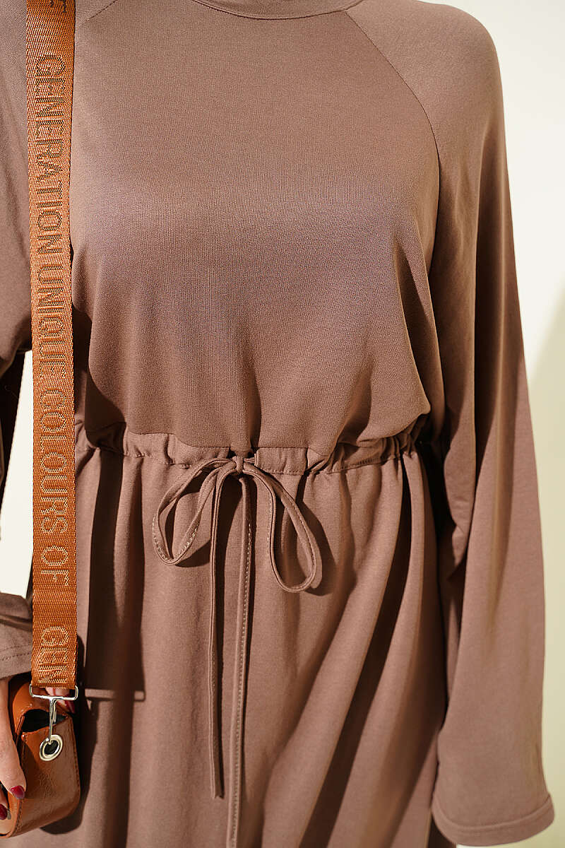 Loose Jersey Dress with Drawstring Waist - Chestnut