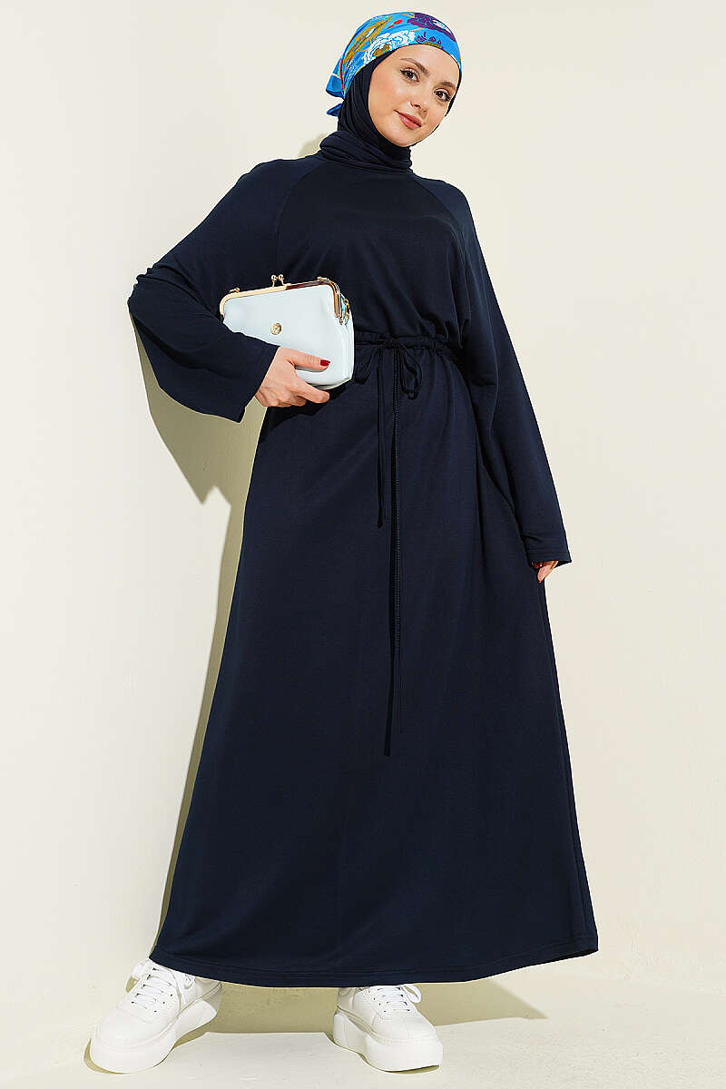 Loose Jersey Dress with Drawstring Waist - Navy