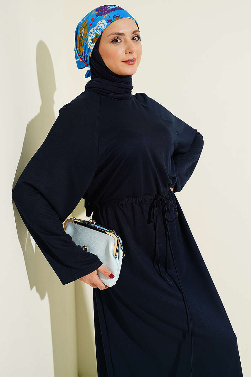 Loose Jersey Dress with Drawstring Waist - Navy