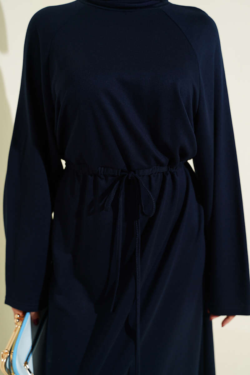 Loose Jersey Dress with Drawstring Waist - Navy