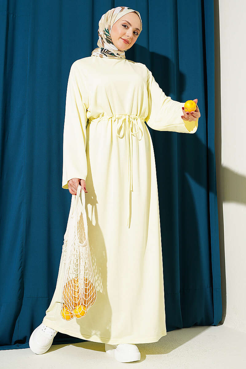 Loose Jersey Dress with Drawstring Waist - Yellow