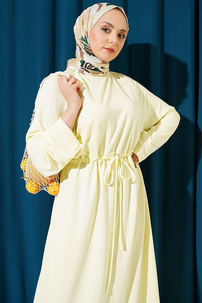Loose Jersey Dress with Drawstring Waist - Yellow