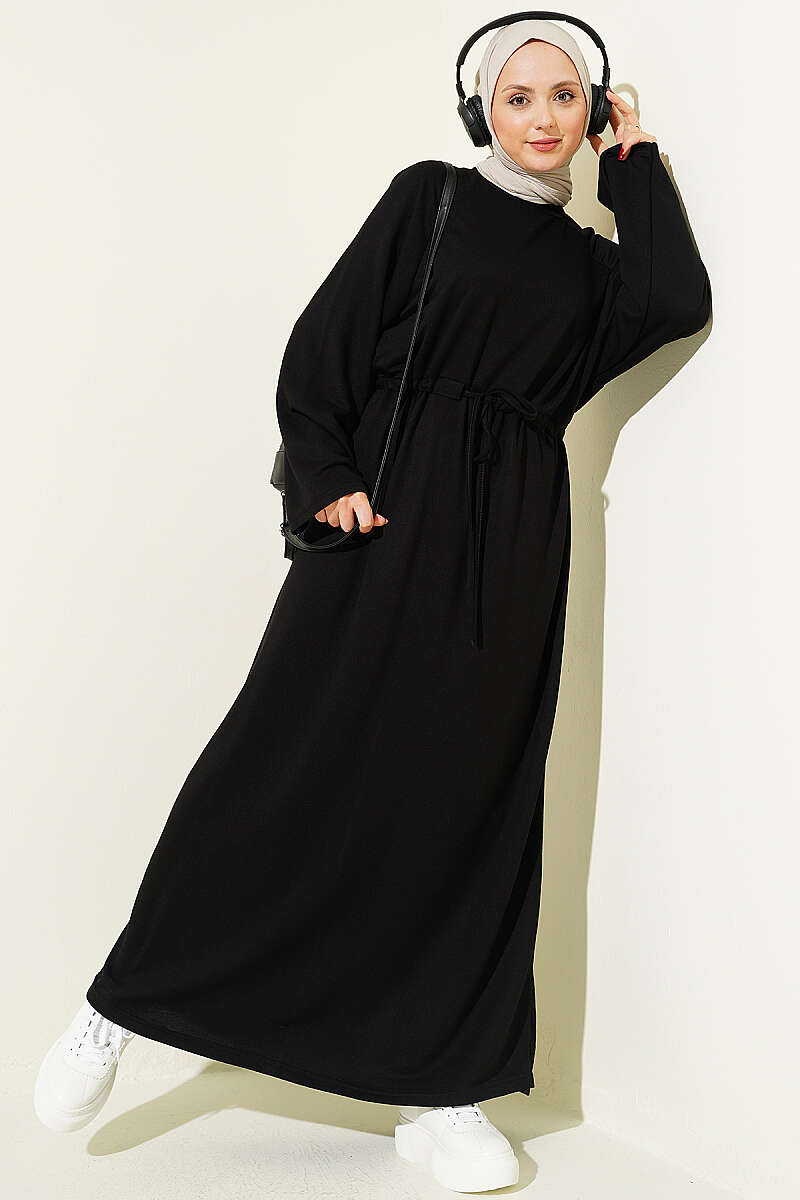 Loose Jersey Dress with Drawstring Waist - Black