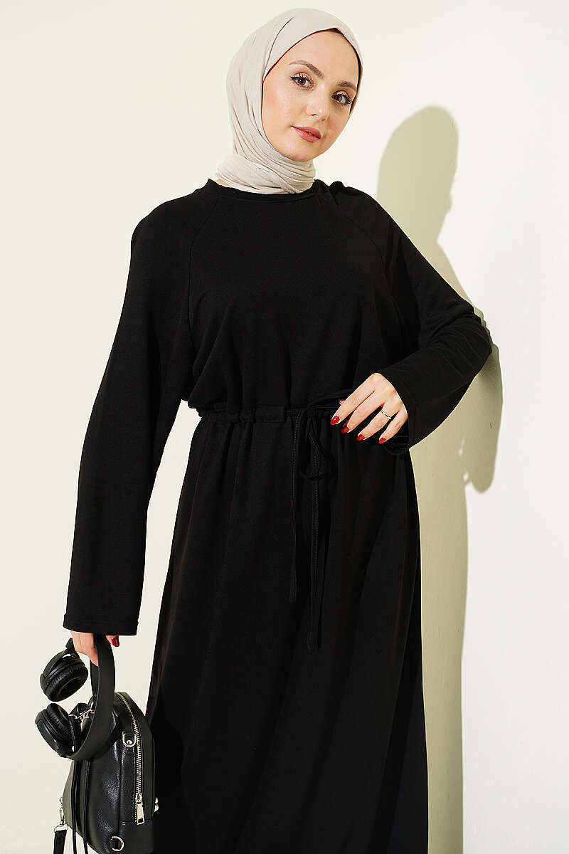 Loose Jersey Dress with Drawstring Waist - Black