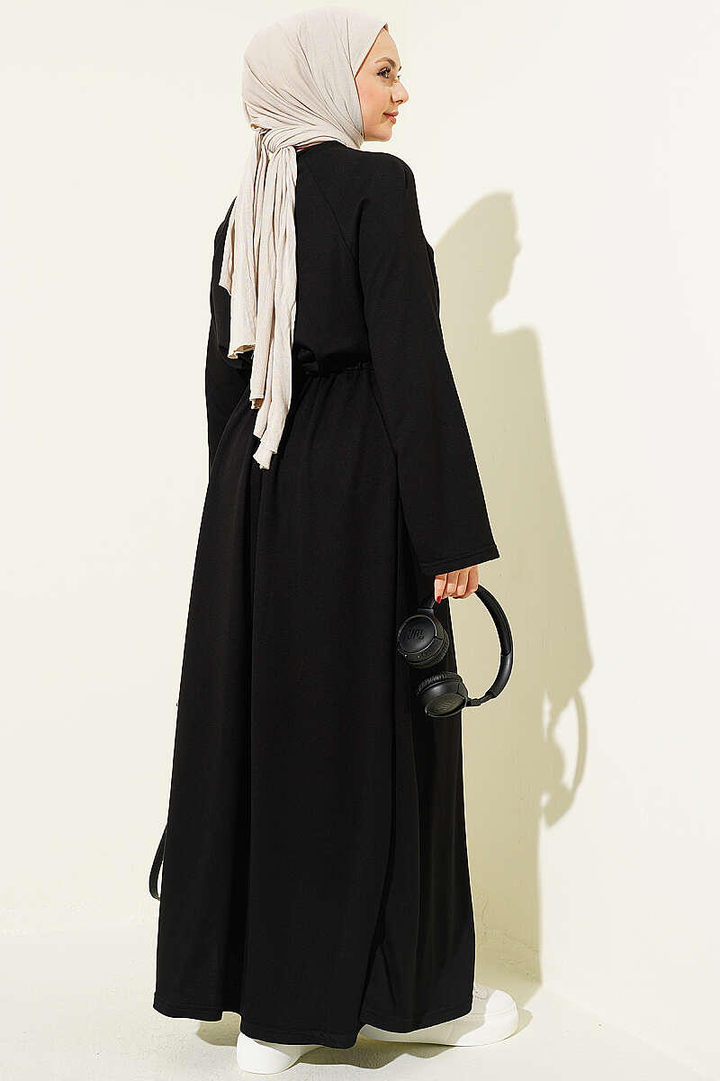 Loose Jersey Dress with Drawstring Waist - Black