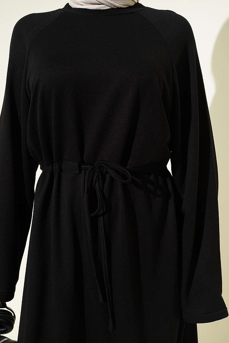 Loose Jersey Dress with Drawstring Waist - Black