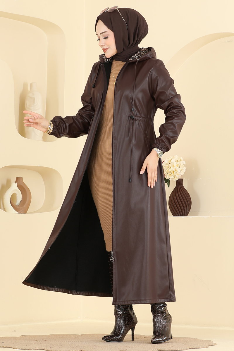 Long Faux Leather Trench Coat - Brown
