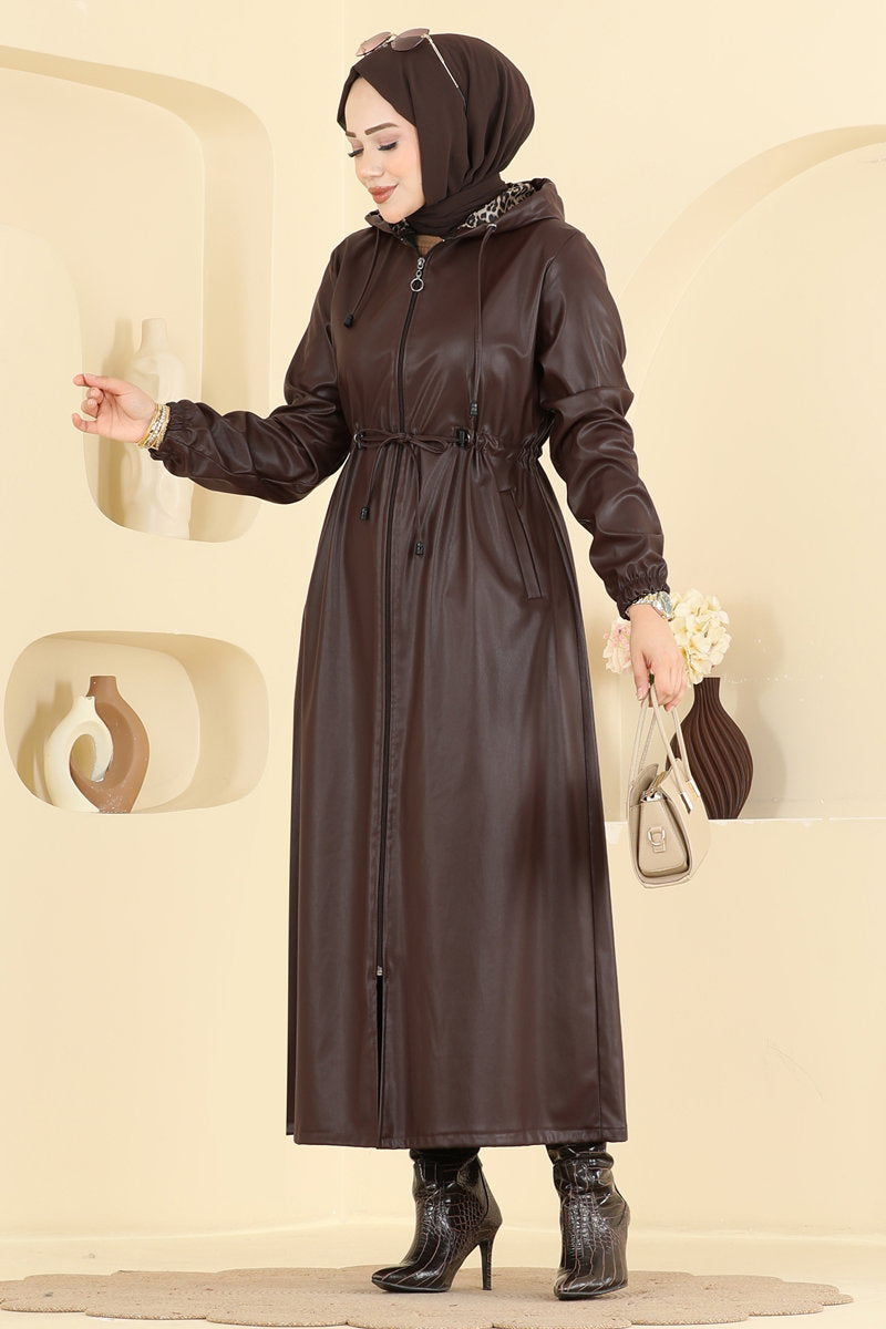 Long Faux Leather Trench Coat - Brown