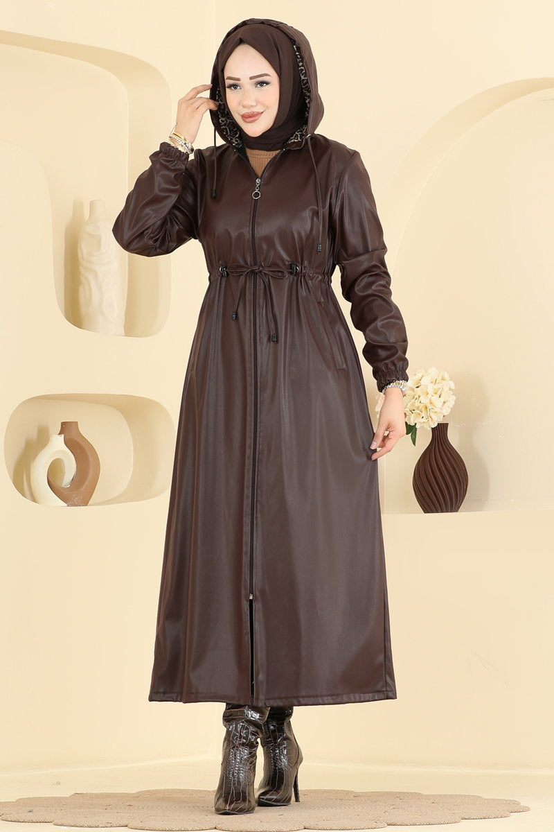 Long Faux Leather Trench Coat - Brown