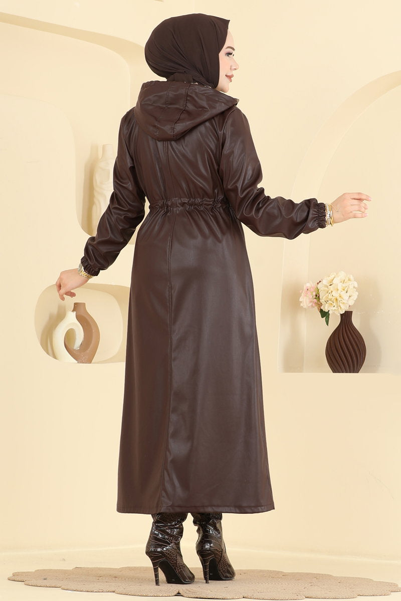 Long Faux Leather Trench Coat - Brown