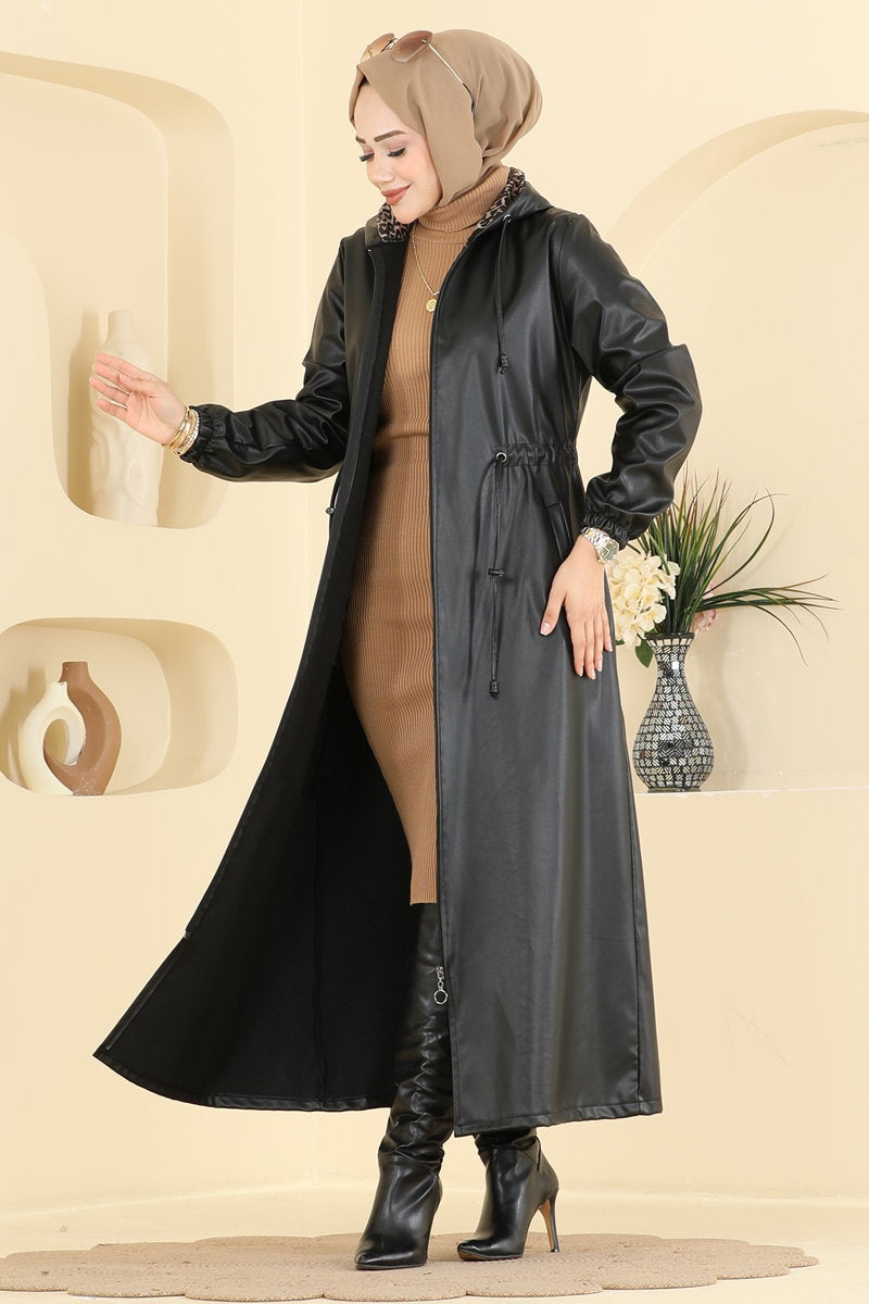 Long Faux Leather Trench Coat - Black