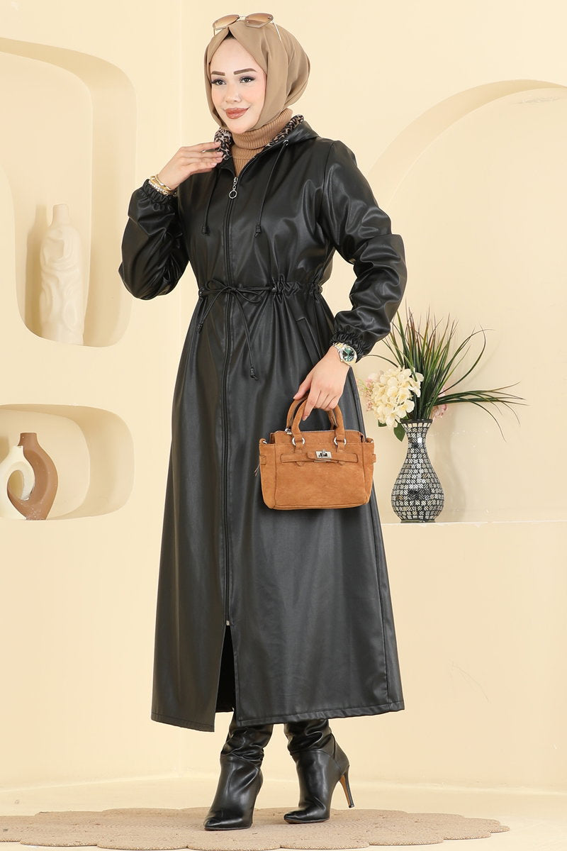 Long Faux Leather Trench Coat - Black