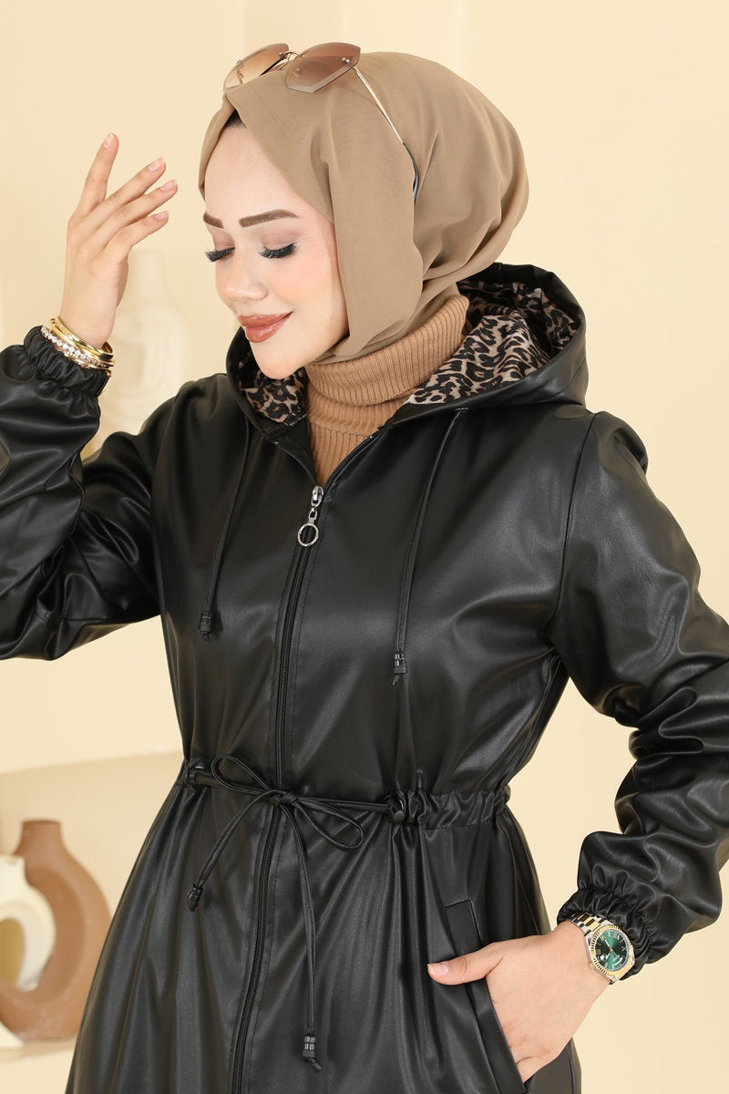 Long Faux Leather Trench Coat - Black