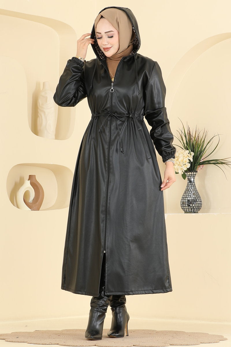 Long Faux Leather Trench Coat - Black