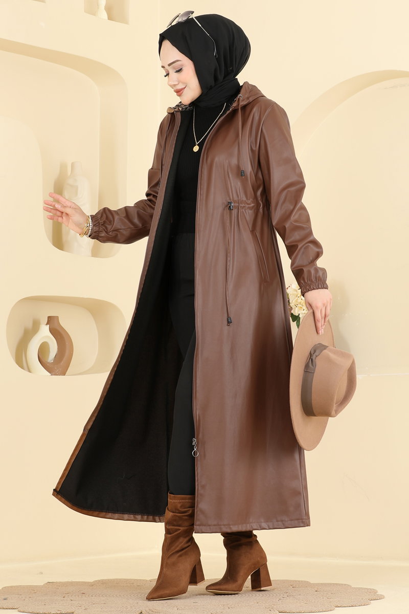 Long Faux Leather Trench Coat - Tan